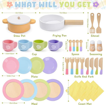 Toyssa 34 PCS Wooden Play Dishes and Plates Kitchen Set Toys for Toddler, Kids Play Kitchen Accessories with Pan & Tableware, Montessori Pretend Cooking Set Birthday Gifts for 3 4 5 6 Years Girls Boys