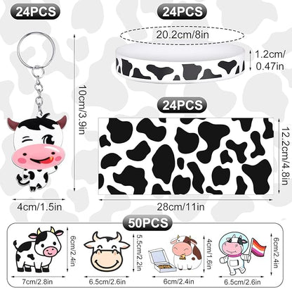 Chunful 148 Pcs Cow Party Favors Supplies Include Cute Cow Keychain Cow Print Gift Bag Elastic Cow Silicone Bracelets Cow Stickers Cow Animal Print Stickers for Kids Girl Shower Birthday(White)