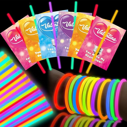 Valentines Day Gifts For Kids, 32 Packs Valentines Glow Sticks Bracelet Valentines Gifts Glow Necklaces for Valentines Day Gifts for Kids School Classroom Exchange Party Favors Supplies