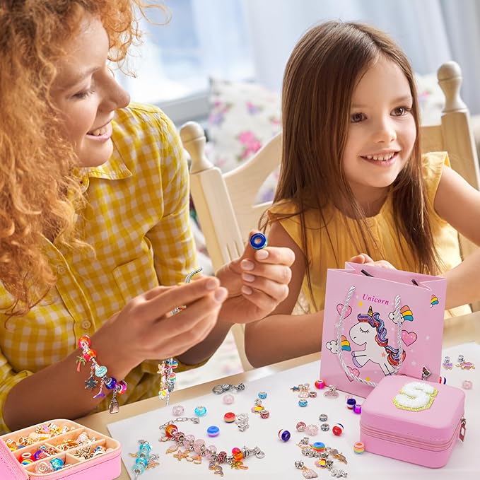 SUREHOME Charm Bracelet Making Kit Girls Christmas Gifts Unicorn Toy Jewelry Making Kit 8-12 Personalized Gifts for Ages 6 7 8 9 10 11 Year Old Girls Birthday Stuff Art Craft Supplies - Initial Box S