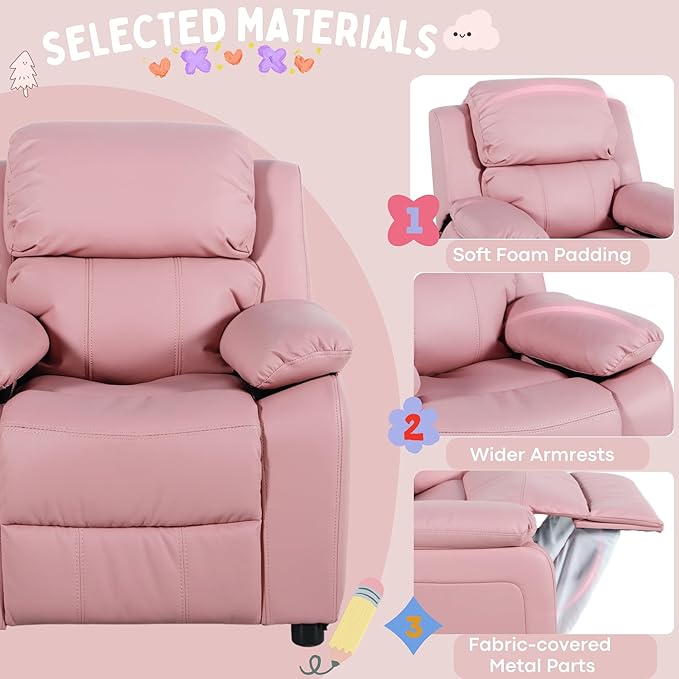 Macaron Kids Reclining Chair Recliner Dual Storage Armrest Leather Sofa Toddler Youth Children Child Ages 2-8