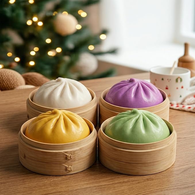 4Pcs Dumpling Squishy, Glitter Dumpling Squishy Mystery Box, Slow Rising Toy, Dumpling Stress Ball Fidget Sensory Toy with Mini Food Steamer, Easter Basket Stuffers for Adults