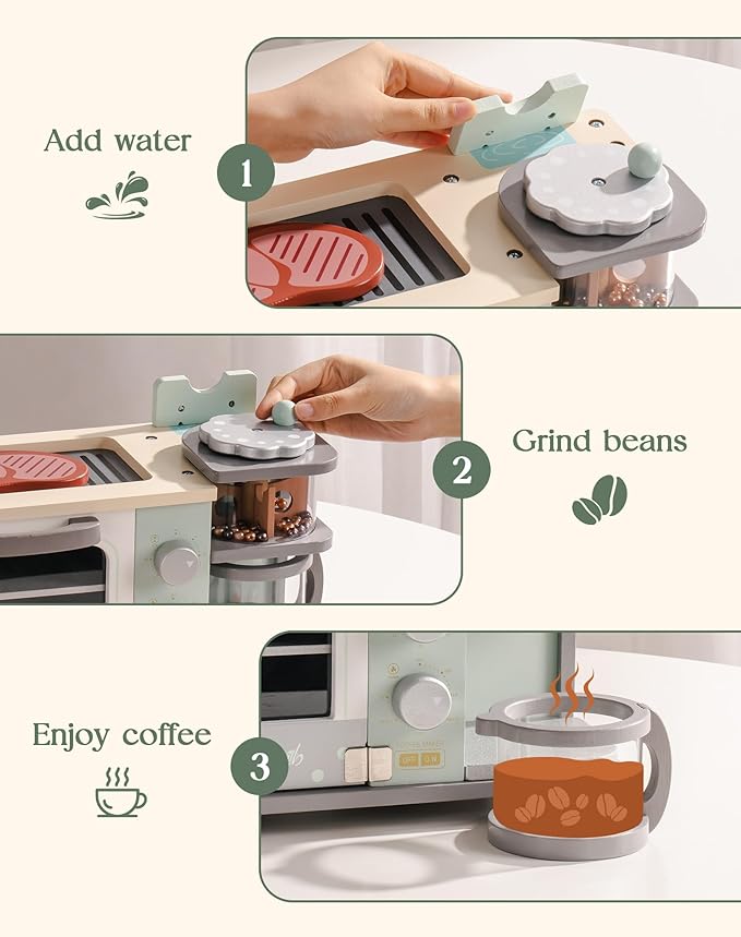 ROBOTIME Play Kitchen Toys Accessories - Wooden Breakfast Machine Kitchen Toy for Kids with Coffee Maker and Pretend Play Food Sets - Kitchen Playset Appliances Toy for Toddlers (Mint Green)