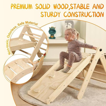 Pikler Triangle Set with Cushion, 7 in 1 Toddler Climbing Toys Indoor, Montessori Foldable Climbing Set, Wooden Climbing Toys for Toddlers 1-3 Inside with Ramp, Arch and Ladder (Nature Wood)