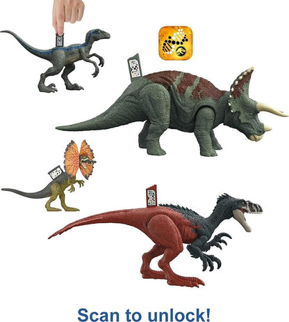 Mattel Jurassic World Dominion Survival Instincts Dinosaur Starter Set, 4 Toy Figures Including Blue, Dilophosaurus & 2 Roar Strikers