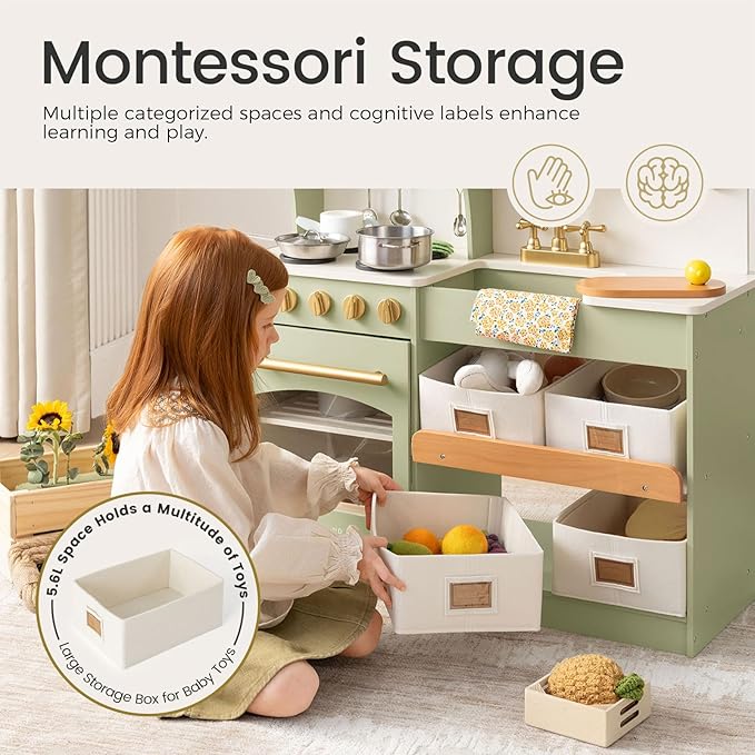 Tiny Land Play Kitchen for Kids, Wooden Play Kitchen with Toy Storage System, Toy Kitchen Set with Plenty of Play Features, Kids Play Kitchen Designed, Gift for Ages 3+ (Green)