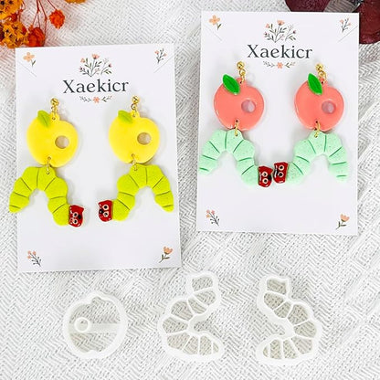Xaekicr Whimsical Worm and Apple Polymer Clay Cutters – 3PCS Clay Earring Cutters Set for DIY Fruit Insect Jewelry Making – Clay Tools and Polymer Clay Molds