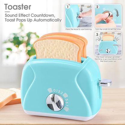 Kitchen Appliances Toys, Kids Play Kitchen Accessories Set, Pretend Kitchen Toys for Kids Ages 4-8, Coffee Maker, Mixer, Toaster with Realistic Lights & Sounds, Gift for Girls Ages 3+