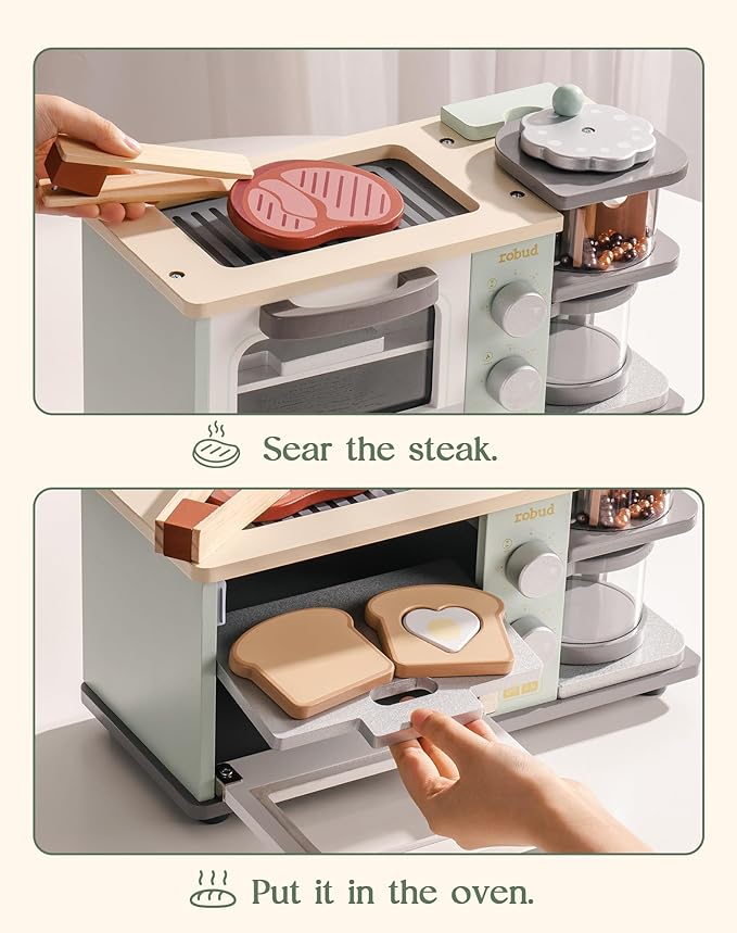 ROBUD Toddler Kitchen Playset - Wooden Breakfast Set with Coffee Maker, Toaster, Griddle, Play Food - Realistic Pretend Play Appliance and Accessories for Kids Ages 3+ Boys and Girls (Mint Green)