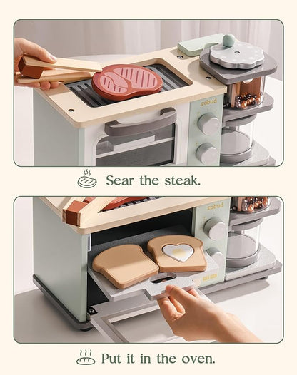 ROBUD Toddler Kitchen Playset - Wooden Breakfast Set with Coffee Maker, Toaster, Griddle, Play Food - Realistic Pretend Play Appliance and Accessories for Kids Ages 3+ Boys and Girls (Mint Green)