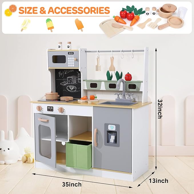 Wooden Play Kitchen, Farm to Kitchen Set, Kids Kitchen Toys with Cookware Accessories, Kitchen Play for Boys and Girls