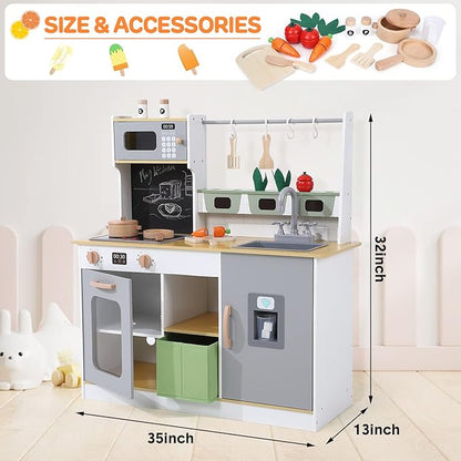 Wooden Play Kitchen, Farm to Kitchen Set, Kids Kitchen Toys with Cookware Accessories, Kitchen Play for Boys and Girls