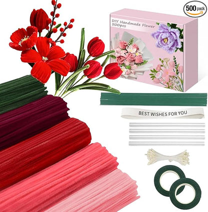 500 Pcs Pipe Cleaners Craft，5 Colors Pipe Cleaners Bulk,Chenille Stems Flowers Craft kit for DIY Handmade Bouquet Wrapping Party Decorations whit Ribbons，Stems,Tape，Stamens, Glue Sticks (Red)