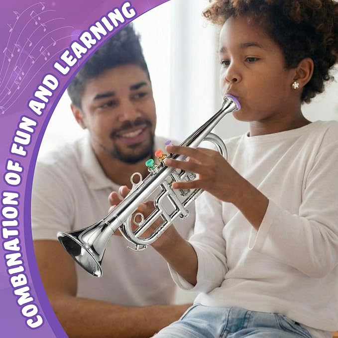 Lewtemi Silver Three-Valve Trumpet Musical Instruments Toy for Kid Toddler Fake Plastic Preschool Music Toy Gift Portable Wind Instrument Early Educational Teaching Songs Gifts for Toddlers Children
