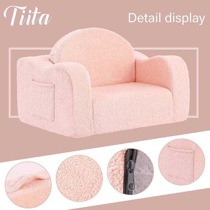 Tiita Kids Chair Couch, Folding Toddler Comfy Sofa Chairs, 2-in-1 Kids Plush Sofa Fold Out, Baby Armrest Chair Sofa to Lounger, Convertible Play Sofas to Bed for Girl or Boy, Pink