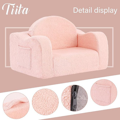 Tiita Kids Chair Couch, Folding Toddler Comfy Sofa Chairs, 2-in-1 Kids Plush Sofa Fold Out, Baby Armrest Chair Sofa to Lounger, Convertible Play Sofas to Bed for Girl or Boy, Pink
