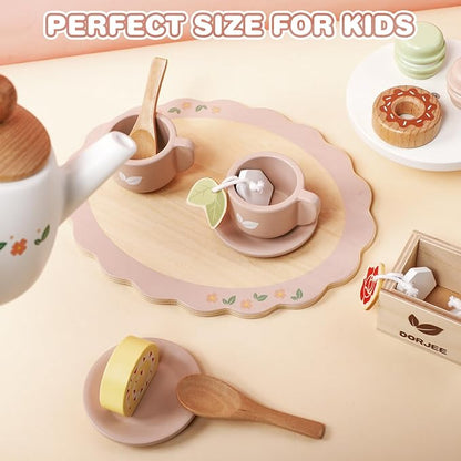 Dorjee Wooden Tea Set for Little Girls, Wooden Toys Toddler Tea Set Play Kitchen Accessories for Kids Tea Party with Play Food for Kid Age 3+ Gift