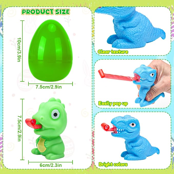 Easter Dinosaur Toys for Kids, 6 Pack Filled Easter Egg with Dinosaur Tongue Out Squeeze Toys, Funny Novelty Toys for Boys & Girls,Perfect for Easter Hunt,Basket Stuffers & Party Favors