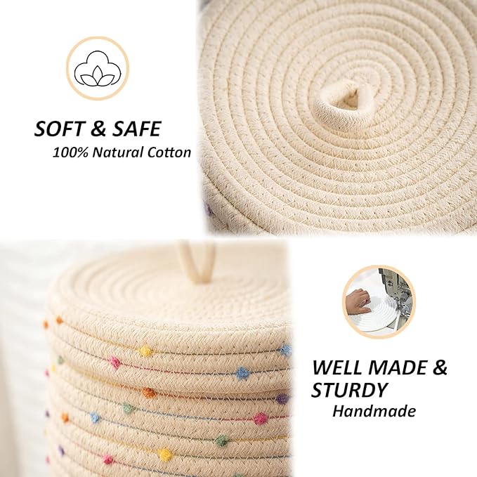 Esme L&H Round Storage Baskets with Lids,Small Storage Baskets Set of 2,Cotton Rope Woven Storage Basket,Small Decorative Basket, Colorful Rainbow Pompom, Cute Storage Bins, Box for storage