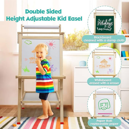 Kids Easel Wooden Art Easel Adjustable Standing Easel Double-Sided Drawing Easel with Paper Roll Chalkboard & Whiteboard for Kids Toddlers Birthday Holiday Gifts.