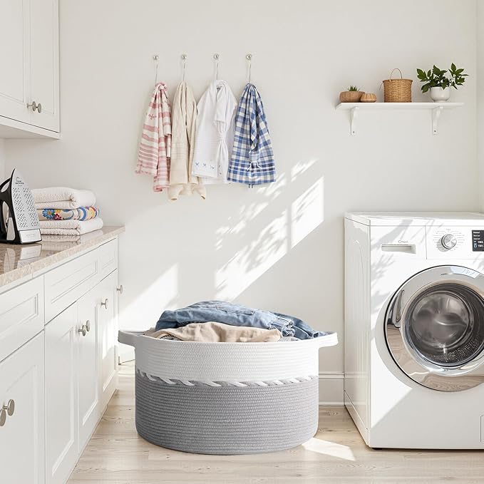 OIAHOMY 90L Blanket Basket for Living Room, Large Basket 23" x 23" x 13" with Handle, Laundry Hamper for Blankets, Pillows, Toy Storage for Kids, Dogs - Grey & White