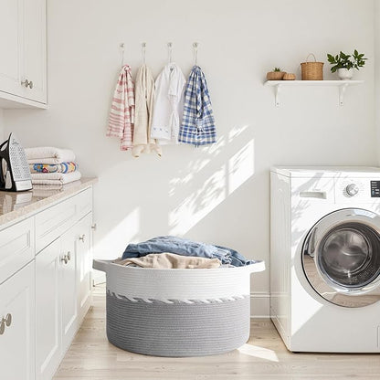 OIAHOMY 90L Blanket Basket for Living Room, Large Basket 23" x 23" x 13" with Handle, Laundry Hamper for Blankets, Pillows, Toy Storage for Kids, Dogs - Grey & White