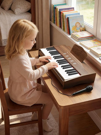 Kids Piano Keyboard, 37 Keys Digital Piano for Kids, Touch Button, Music Educational Instrument Toy, Wood Toy for 3+ Girls and Boys(Dark Brown)