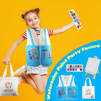 4 Pcs Child Artist Costumes Set Include Artist Painter Vest Mini Watercolor Paint Mini 3 x 3 Inch Canvas Wooden Easel with Artist Bags for Kids Halloween Career Dress Up Painting Party