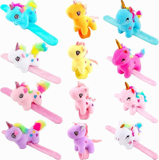 12 Pack Plush Animal Slap Bracelet Unicorn Plush Slap Bracelet Unicorn Stuffed Huggers Pat Ring Bulk for Animal Party Favor Christmas Birthday Gift Fillers, 12 Styles