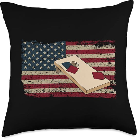 Cornhole Player America Flag Tee I Proud Bean Bag Game Board Throw Pillow, 18x18, Multicolor