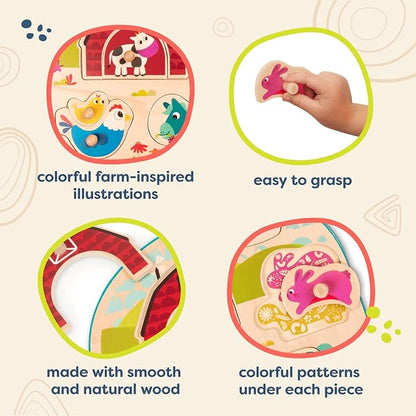 B. toys- Animal Barnyard- Wooden Peg Puzzle – Farm Puzzle – Animal Peg Puzzle for Toddlers, Kids – 8 Chunky Pieces – 18 Months +