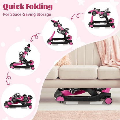 GLACER Foldable Baby Walker, 4-in-1 Infant Walker with Adjustable Height & Speed, Music, Light, Steering Wheel & Washable Cushion, Baby Walker Activity Center for Boys Girls 6 –18 Months (Pink)