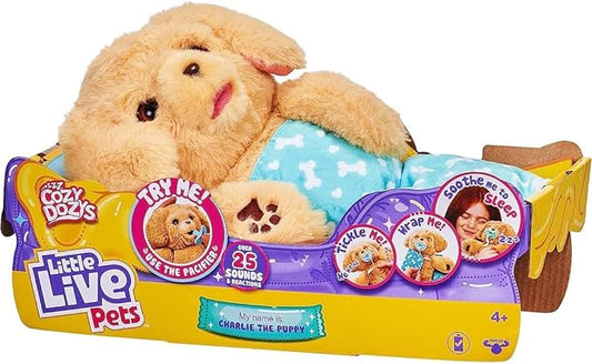 Little Live Pets - Cozy Dozys: Charlie The Puppy | Interactive Plush Toy Dog. 25+ Sounds and Reactions. Magical Eye Movement. Blanket, Pacifier and Batteries Included. for Kids Ages 4+.