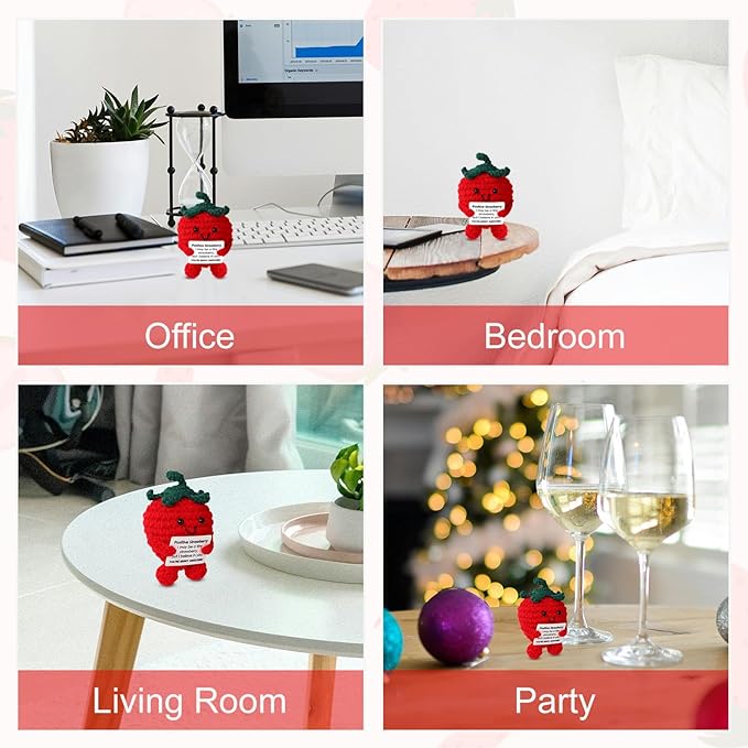 Cute Positive Strawberry, Crochet Strawberry Emotional Doll Support Fruit Knitted for Empowering Gift Home Office Decoration (Red)