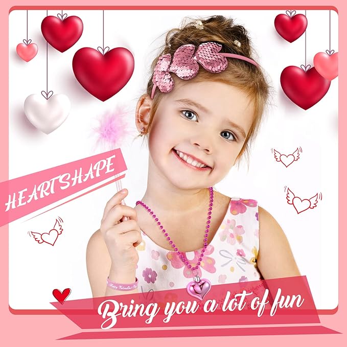 36 Pieces Valentine's Day Party Favors Set Includes 8 Valentines Heart Sequin Headbands 8 Heart Shaped Pendant Bead Necklaces 20 Silicone Bracelets Gifts for Valentine's Day Costume Party Accessory
