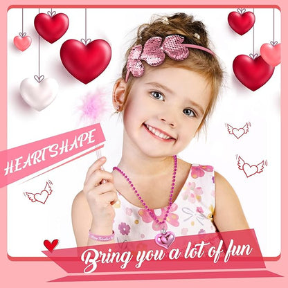 36 Pieces Valentine's Day Party Favors Set Includes 8 Valentines Heart Sequin Headbands 8 Heart Shaped Pendant Bead Necklaces 20 Silicone Bracelets Gifts for Valentine's Day Costume Party Accessory