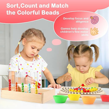 INIFEIDALA Montessori Toddler Learning Sorting Toys for 3-6 Year Olds - Rainbow Stacking, Number & Bead Matching Games with Wooden Peg Board, Develop Fine Motor Skills, Color & Math Skills