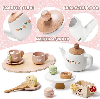 Dorjee Wooden Tea Set for Little Girls, Wooden Toys Toddler Tea Set Play Kitchen Accessories for Kids Tea Party with Play Food for Kid Age 3+ Gift