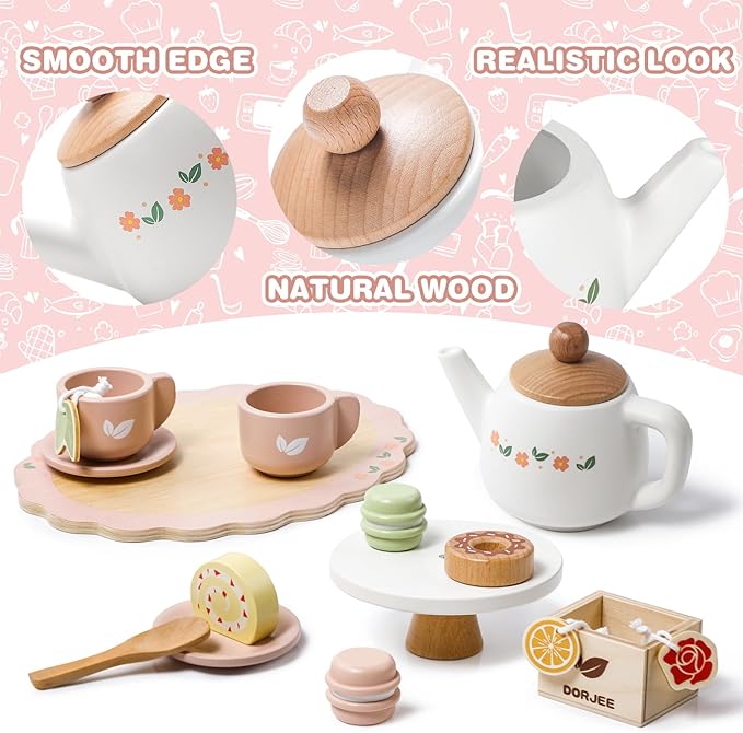 Dorjee Wooden Tea Set for Little Girls, Wooden Toys Toddler Tea Set Play Kitchen Accessories for Kids Tea Party with Play Food for Kid Age 3+ Gift