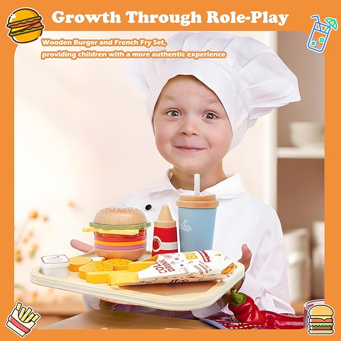Wooden Play Food Set Toy for Play Kitchen, Toddlers Pretend Play Kitchen Accessories, Wooden Play Fast Food Hamburger, French Fries Set Educational Toys Gift for Kids Boys Girls