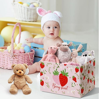 Strawberry Foldable Storage Box, Strawberries Waterproof Fabric Toy Organizer Box for Boys Girls, Strawberries Storage Boxes for Nursery Room, Strawberry Gifts Basket, Storage Basket for Room Decor