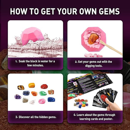 Byncceh Gemstones Dig Kit - Dig it up 12 Real Gemstone and Crystal for Kids Gems Digging Kit Mineral & Rock Collection for Kids Archaeology Geology Science Educational Gift STEM Toys for Boys & Girls