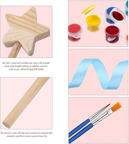 BBTO 24 Pieces Make Your Own Princess Wand Kit Include 2 Wooden Star Wands, 2 Dowels, 4 Satin Ribbons, 2 Gem Stickers, 6 Paints, 2 Paintbrushes, 6 Glitter Glues Pens Fairy Wand Art Craft Kit for Girl