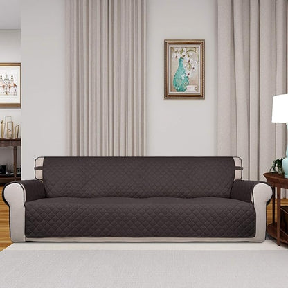 PureFit Reversible Quilted Sofa Cover, Water Resistant Slipcover Furniture Protector, Washable Couch Cover with Non Slip and Elastic Straps for Kids, Dogs, Pets (XX Large, Chocolate/Beige)