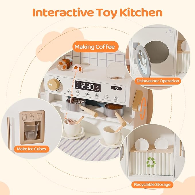 JOYMOR Kids Play Kitchen Sets w/Coffee Machine & Plenty of Play Kitchen Accessories, Wooden Kitchen Set Gift, Ideal for Creative Pretend Play for Toddlers, Girls & Boys (Cream&Gold)
