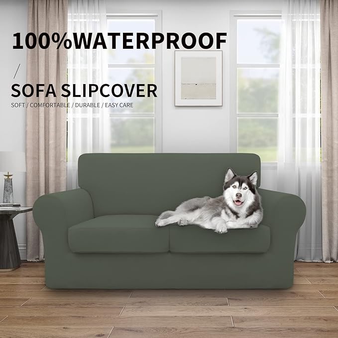 Easy-Going 100% Dual Waterproof Loveseat Cover Stretch Soft Couch Cover for Dogs, Sofa Slipcover for 2 Separate Cushion Couch Leakproof Furniture Protector for Kids, Pets Grayish Green