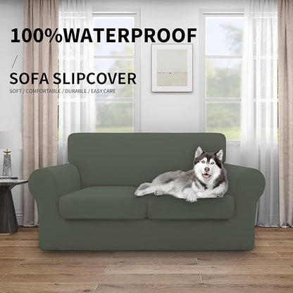 Easy-Going 100% Dual Waterproof Loveseat Cover Stretch Soft Couch Cover for Dogs, Sofa Slipcover for 2 Separate Cushion Couch Leakproof Furniture Protector for Kids, Pets Grayish Green