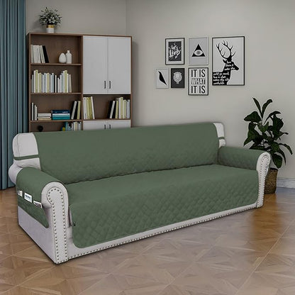 Easy-Going Sofa Slipcover Waterproof Sofa Cover Couch Cover for 4 Cushion Couch with Elastic Straps Washable Non-Slip Furniture Protector Cover for Pets, Dogs, Cat (XX-Large, Greyish Green)