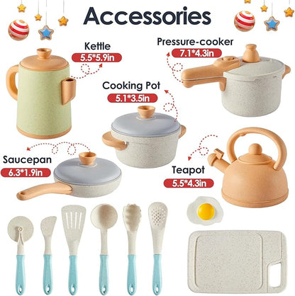 BUYGER Pretend Play Kitchen Accessories Toys Set, Cookware Pots and Pans Cooking Utensils Playset Gifts for 3 4 5 Years Old Kids Girls Boys Toddler