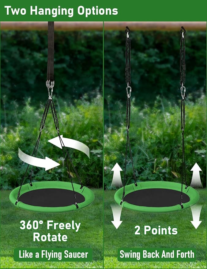 24 Inch Saucer Tree Swing Set for Kids & Adults, Adjustable Flying Swing Seat for Backyard or Outdoor Playground, Green & Black